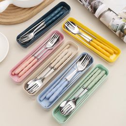 Dinnerware Sets Stainless Steel Portable Cutlery Set With Storage Box Wheat Straw Fork Spoon Chopsticks Camping