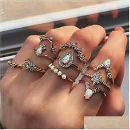 Cluster Rings Simple Fashion Metal Ten-Piece / Joint Ring Inlaid Zircon Unique Set Sun Flower Ladies Jewelry Decoration Drop Delivery Dh3Zg