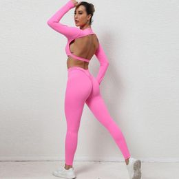 Active Sets Seamless Backless Yoga Sports Fitness High Waist Hip-lifting Trousers Long-Sleeved Suit Workout Gym Leggings Set For Women