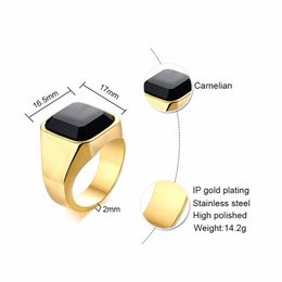 Black CARNELIAN STAINLESS STEEL GOLDEN SQUARE SIGNET RING FOR MEN PINKY RINGS MALE WEALTH AND RICH STATUS JEWELRY2059