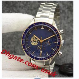 Mens Watches Eyes on the stars Watch Chronograph sports Battery Power limited Two Tone Gold Blue Dial Quartz Professional Dive Wri285y