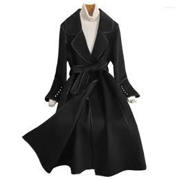 Women's Wool 2023 Autumn Winter High End Double Sided Cashmere Coat Women Korean Long Slim Lace Up Loose Jacket Female Overcoat G1610