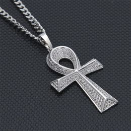 Iced Out Zircon Ankh Key Pendant Golden Jewellery CZ Cross Egyptian Key of Life Pendant Hip hop Necklace For Men Women212y