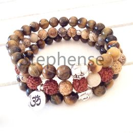 MG0667 Natural Rudraksha Beads Ohm Bracelet Natural 8 mm Tiger Eye Buddha Yoga Mala Bracelet Lotus Charm Yoga Bracelet338d