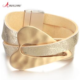 Bangle Amorcome Champagne Gold Color Metal Heart Charm Leather Bracelets for Women Fashion Wide Wrap Bracelet Female Couple Jewelry 230926