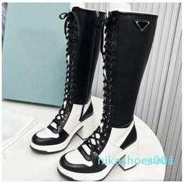 Designer Triangle Women Luxury Calfskin Fashion Top-Quality High Heel Lace-Up Boot Winter Motorcycle