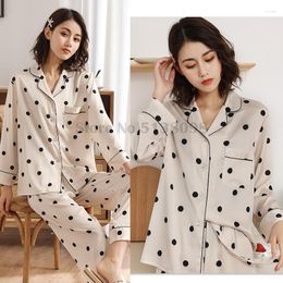 Women's Sleepwear Pyjamas Set Spring Autumn Thin Style Long-Sleeved Trousers 2Pcs Ice Silk Wave Dot Loose Casual Home Clothes