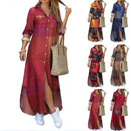 Basic Casual Dresses Fashion Camouflage Leopard Letters Floral Printed For Women 2023 Buttons Long Sleeve Loose Split Solid Maxi Dress 230926