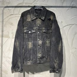 Men's Jackets Retro Washed Distressed Hole Ripped Denim Jacket Oversized Long Sleeve Motorcycle Jeans Unisex