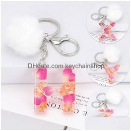 Key Rings Real Dried Flower Letter Keychains Alphabet Resin Pendant Chains Cute Pompom Car Keyring Holder Charms Christmas Gifts Drop Dhgym