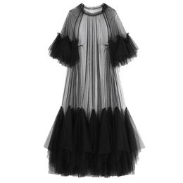 Casual Dresses Women Black Ruffles Long Big Size Dress New Round Neck Three-Quarter Sleeve Loose Fit Fashion Spring Summer 2023