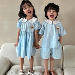 Clothing Sets Siblings Summer Cotton Clothes Boys Kindergarten Loose Short Sleeve Girls Cartoon Embroidery Dress
