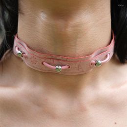 Choker Necklace Pink Natural Zircon Plant Flower Rope Design Leather Collar Unisex With Drawstring Simple Fashion Versatile Decorations