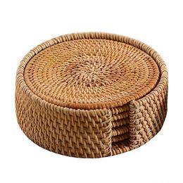 Mats & Pads 6pcs Handmade Woven Rattan Cup Coasters With Basket Non-slip Placemat Tea Trays Coffee Mugs Table Mat Insulation Table269m