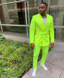 Men's Suits Fluorescent Green Men Costume Homme Prom Peaked Lapel Slim Fit Groom Blazer Trousers Wedding Tailored 2Pcs Jacket Pants