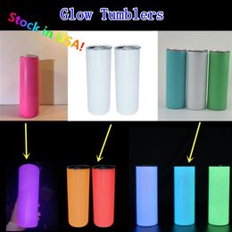 USA STOCKS Glow Tumblers Sublimation 20oz Straight Skinny Tumbler with Straw Lid Stainless Steel Double Wall DIY Blanks Slim Water250Q