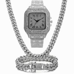 Chains Iced Out Chain Bling Miami Cuban Link Rhinestone Watch Necklaces Bracelet Women Men Jewellery Set Hip Hop Choker287y