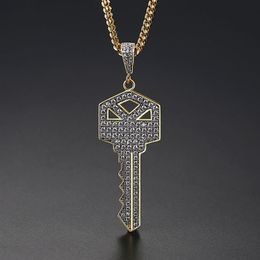 New Men's Key Style Pendant Necklace Ice Out Cubic Zircon Gold Colour Fashion Rock Street Hip Hop Jewellery With Chain For Gift262K