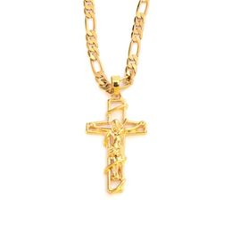 24 k Solid Fine Yellow Gold GF Mens Jesus Crucifix Cross Pendant Frame 3mm Italian Figaro Link Chain Necklace 60cm253S