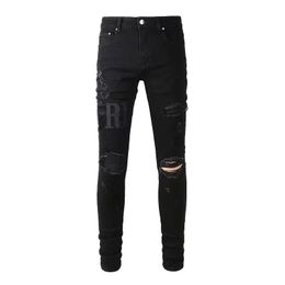 designer jeans for mens jeans uomo men pants perforated embroidery patchwork ripped trend brand motorcycle pants skinny fashion hole elastic slim fit pants black