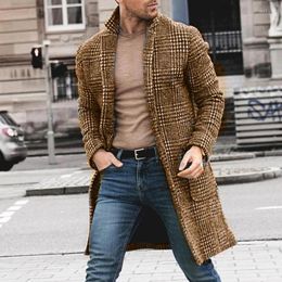 Men's Wool Fall Fashion Trend Flip Collar Jacket Men Winter Long Sleeve Pocket Retro Houndstooth Print Outerwears