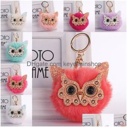 Key Rings Cute Pompom Keychain Jewellery Trendy Animal Owl Keyring Lovely Pom Rabbit Fur Ball Chain Women Holder Bag Pendant Drop Delive Dhvd9