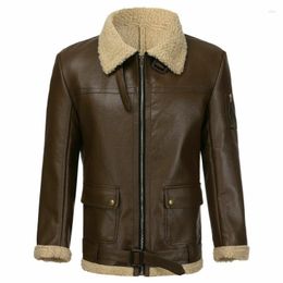 Men's Fur Winter Mens Lamb Wool Lined Leather Jacket Parka Outwear Coat Men Retro Locomotive Zipper PU Warm