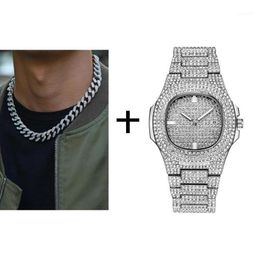 Gold Silver Necklace Watch Bracelet Hip Hop Miami Curb Cuban Chain Iced Out Paved Rhinestones CZ Bling Rapper For Men Jewelry12089