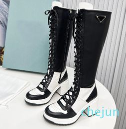 Brushed Leather Re-Nylon Boots Designer Triangle Women Luxury Calfskin Fashion High Heel Lace-Up Boot Winter Motorcycle Knee Boots