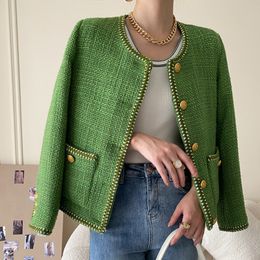 Women's Jackets Women's Green Dual Pocket O Neck Relax Fit Tweed Jacket Long Sleeve Casual Coat 230926