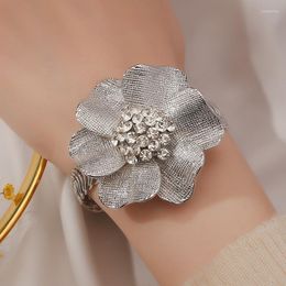 Bangle Luxury Silver Colour Bracelet CZ Crystal Big Flower For Women Fashion Pretty Party Wedding Jewellery Gift Flowers Openings