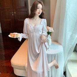 Women's Sleepwear Vintage Purple Square Neck Nightgowns Sexy Long Sleeve Night Dress Women Lingerie Pyjama