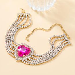 Choker 2024 Bling Rhinestone Multi Rows Rose Big Heart Pendant Necklace For Women Crystal Love Collar Wedding Wholesale