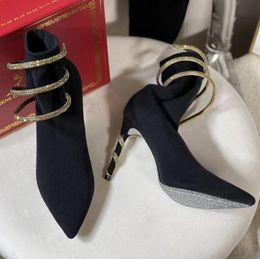 Luxus-Designer-High-Heel-elastischer Stoffstiefel Rene Caovilla Kristalldekoration Schlange umwickelter Knöchelriemen Damen-Socken-Schuhe Lässige spitze Zehen-Knöchelmode-Stiefel