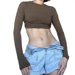 Women's T Shirts Y2k Crop Tops Long Sleeve Open Back Solid Color Blouse Ribbed Knit Slim Fit T-Shirts Spring Summer Fall Streetwear