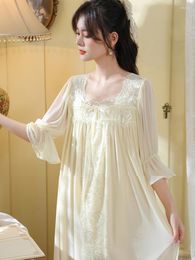 Women's Sleepwear Women Fairy Lace Cotton Medium Sleeve Mesh Loose Princess Pyjama Spring Court Retro Style Romantic Vintage Pyjamas