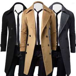 Men's Wool Autumn And Winter Long Solid Colour Windbreaker Jacket Double-breasted Buttons Lapel Collar Coat Fashion Outwear For Men