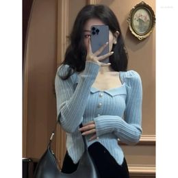 Women's Sweaters Blue Square Neck Bottom Sweater Pullover Women Spring 2023 Solid Long Sleeve Small Knit Short Female Top
