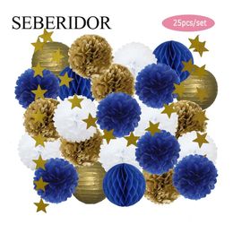 Other Event Party Supplies Navy Blue Gold Set Round Paper Ball Lantern DIY Tissue Flower Stars For Kids Boy Girl Birthday Baptism Wedding Party Favour 230926