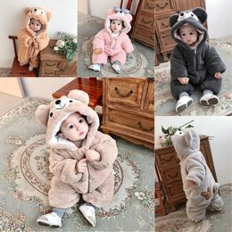 Rompers born Baby Cartoon Rompers Autumn Winter Infant Girls Flannel Overall Boys Jumpsuit Cute Bear Kids Hooded Clothes XMP181 230925