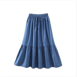 Skirts Women Summer Fashion Denim Skirt Sweet Girl Casual Loose Elastic Waist Ruffles Bow Skirt Plus Size Buttoms L-7XL 230923