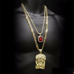 Other Jewellery Sets Hip Hop Golden Crowned Jesus Head Pendant Square Gem Crystal Double Pendants Necklaces Set Cuban Chain Drop Deliver Dh5Vw