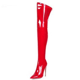 Boots Women Over Knee High Woman Patent Leather Stretch Heel Sexy Ladies Pointed Toe Thin Botas Mujer 220729