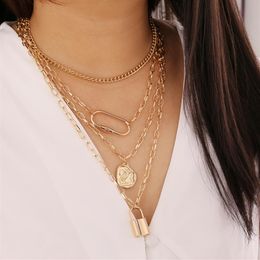 KMVEXO Coin Lock Pendant Necklace Punk Multi Layer Chain Choker Necklace Women Hip Hop Steampunk Gold Gothic Jewelry202E