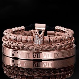 Everyone's Favourite Wild Fashion 3pcs/set Unique Style Luxury Micro Pave CZ Crown Roman Royal Charm Men Bracelets Stainless Steel Crystals Bangles Couple Handmade