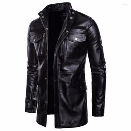 Men's Fur Long PU Leather Jacket Motorcycle Windbreaker Black Spring Stand-up Collar Windproof And Warm
