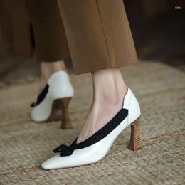Dress Shoes Phoentin Elegant High Heels Sexy Women's Stiletto Party Bow Real Leather Shallow Pumps Beige FT2802