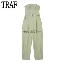 Women's Jumpsuits Rompers TRAF Female Jumpsuit Off Shoulder Cargo Women Jumpsuits Belt Women's Long Elegant Loose Overalls Blackless Summer Woman Jumpsuit L230926