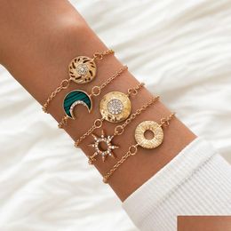 Charm Bracelets 5Pcs/Set Bohemia Geometric Circle Moon Hollow Rhinestone Sun Star Decor Gold Colour Chain Wristlets Jewellery Gift Drop D Dhvnb