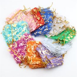 10colors 7X9cm Open Gold Silver Heart Small Organza Jewelry Pouches Bags GB040 100pcs lot210z